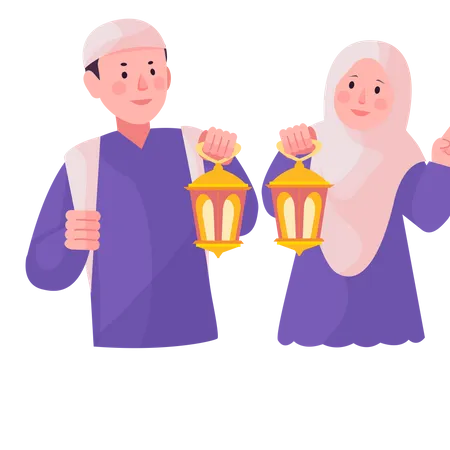 Casal muçulmano segurando lanterna  Ilustração