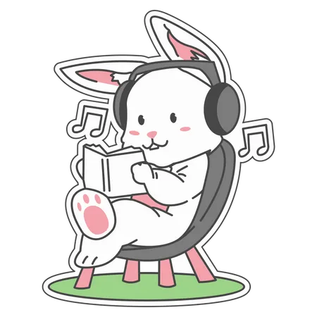 Bunny lisant un livre en écoutant de la musique  Illustration