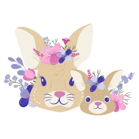 Mère lapin et bébé lapin avec des fleurs  Illustration