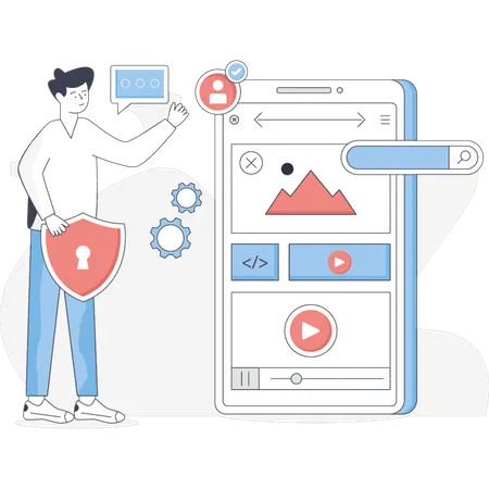 L'homme qui fait une application mobile de protection  Illustration