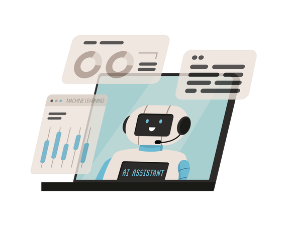 Laptop aberto com assistente de IA robô sorridente na tela  Ilustração