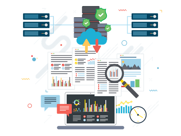 Laptop accessing data from cloud  Illustration