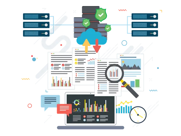 Laptop accessing data from cloud  Illustration