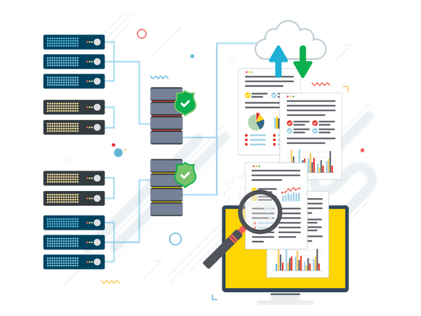 Laptop accessing data from cloud  Illustration