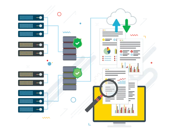 Laptop accessing data from cloud  Illustration