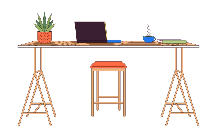 Laptop And Coffee On Counter Table 2 D Linear Cartoon Objects Comfortable Place To Work Isolated Line Vector Elements White Background Remote Workplace Furniture Color Flat Spot Illustration Illustration