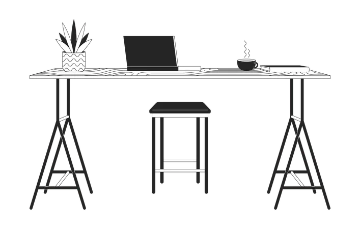 Laptop And Coffee On Counter Table 2 D Linear Cartoon Objects Comfortable Place To Work Isolated Vector Outline Items Collection Remote Workplace Furniture Monochromatic Flat Spot Illustration Illustration