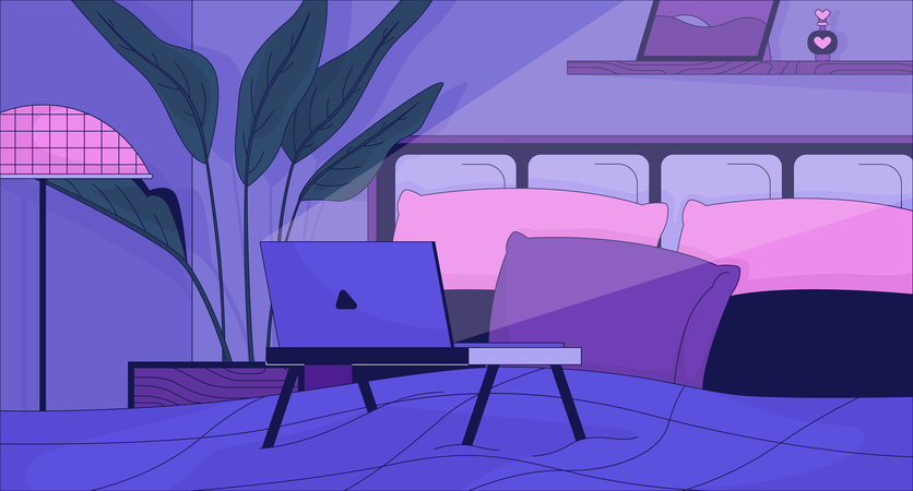 Laptop-Bett-Schreibtisch im Schlafzimmer in der Nacht  Illustration