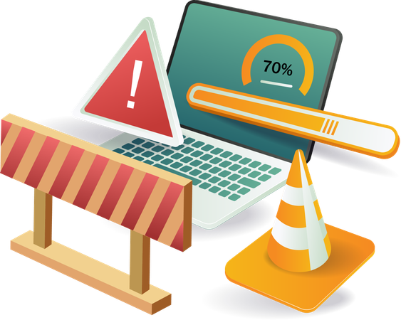 Laptop com cones de construção e placa  Ilustração