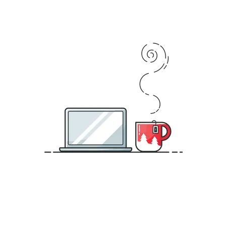 Laptop com xícara de chá  Ilustração
