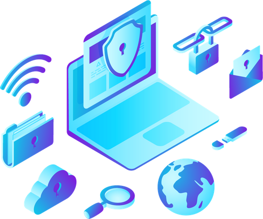 Laptop Computer with Cloud Folder Security  イラスト