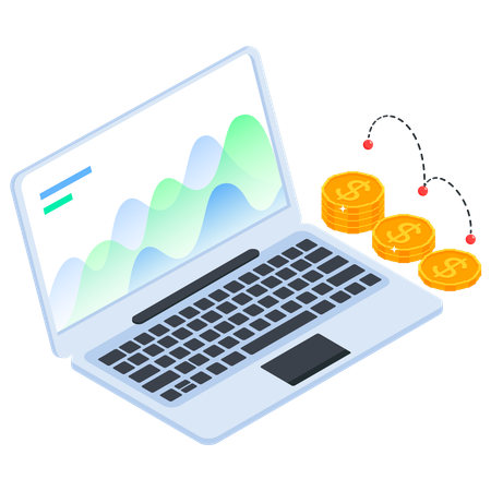Portátil con gráfico de crecimiento financiero y monedas  Ilustración