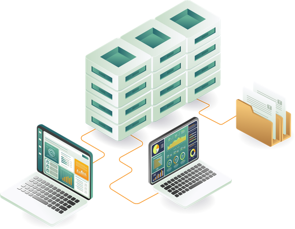 Laptop connected to a server  Illustration