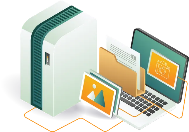 Laptop connected to server with folder data  Illustration