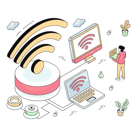 Laptop connected with wifi network  Illustration