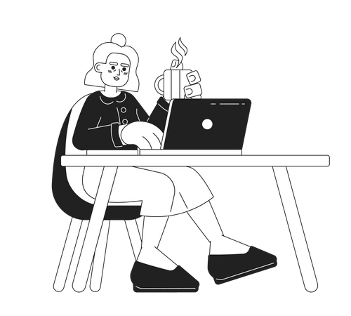 Mulher idosa aposentada digitando laptop  Ilustração