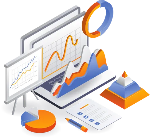 Laptop mit Datenanalyse und Businessplan  Illustration