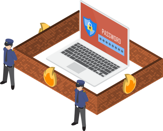 Laptop protected by firewall Illustration