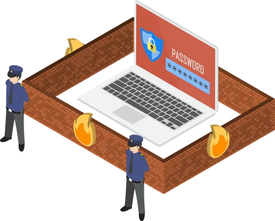Laptop protected by firewall  Illustration