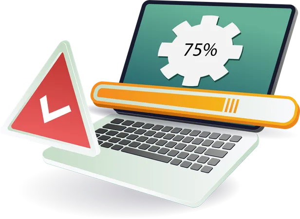 Laptop screen showing ared check mark and green 75% completion status  Illustration