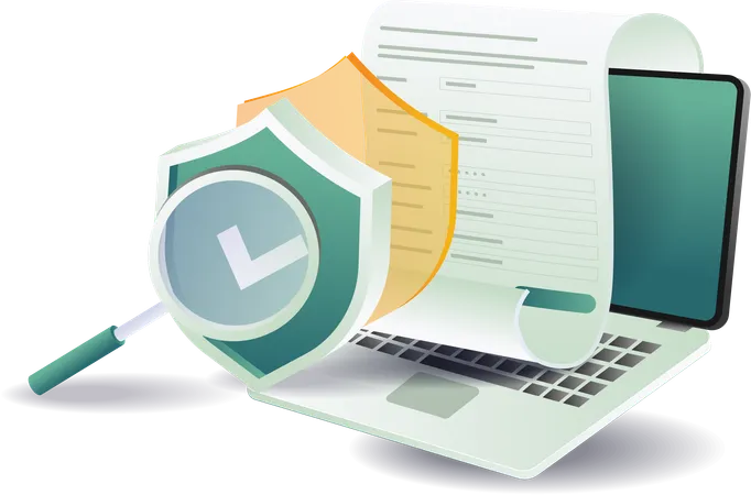 Laptop with document and magnifying glass for security data online register  Illustration