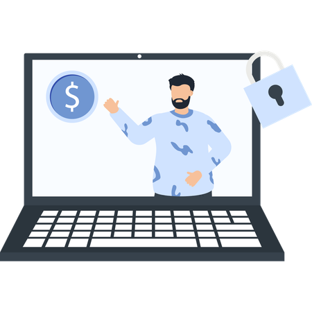 Laptop with Dollar Sign and Security Lock Financial Protection  Illustration