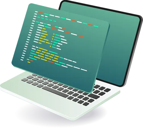 Laptop with green screen showing programming code  Illustration