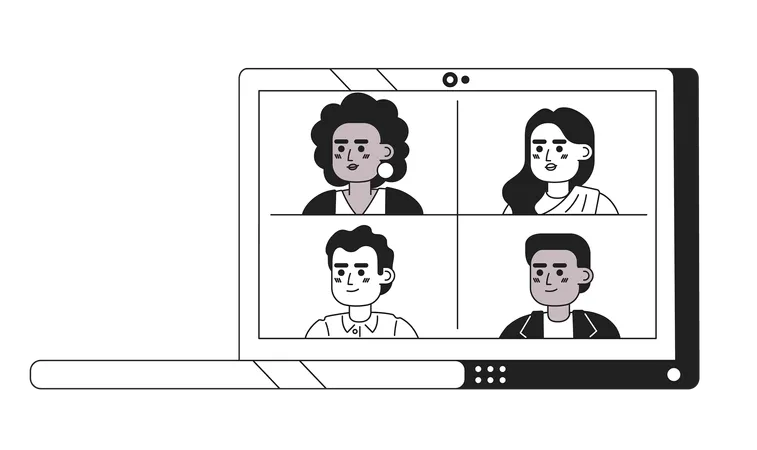 Laptop With Group Video Call Black And White 2 D Cartoon Object Online Meeting With Colleagues On Notebook Isolated Vector Outline Item Virtual Meeting Monochromatic Flat Spot Illustration Illustration