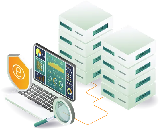 Laptop with magnifying glass used for security analysis server data  Illustration