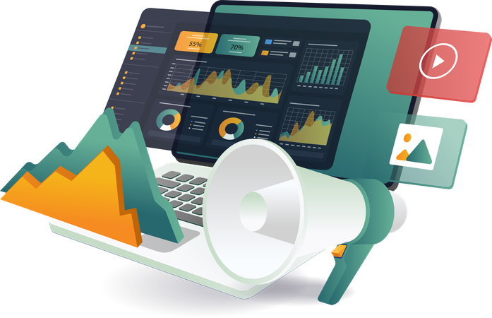 Laptop with megaphone and analyst statistics  Illustration