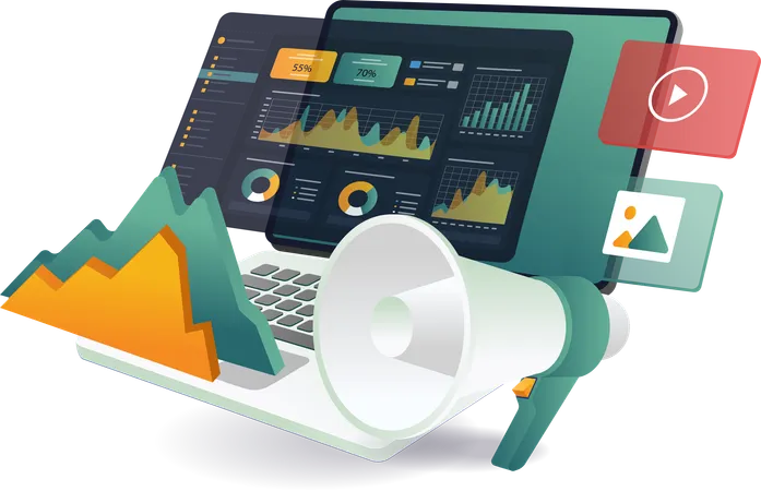 Laptop with megaphone and analyst statistics  Illustration