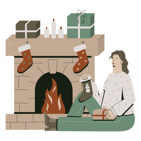 Lareira de Natal decorada com meias  Ilustração