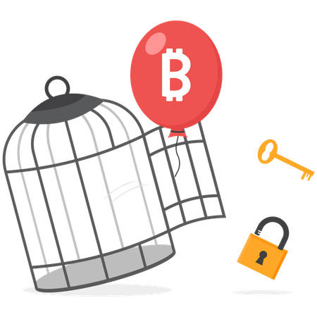 Large balloon with bitcoin sign breaks through cage and flies up  Illustration