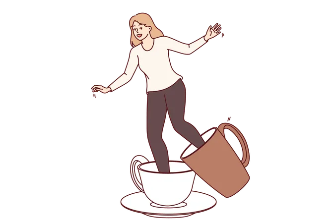 Large Coffee Cups On Legs Of Girl Experiencing Discomfort Due To Caffeine Addiction Young Girl Laughs And Moves Legs With Difficulty With Glasses Of Coffee Allowing To Get Extra Energy Illustration