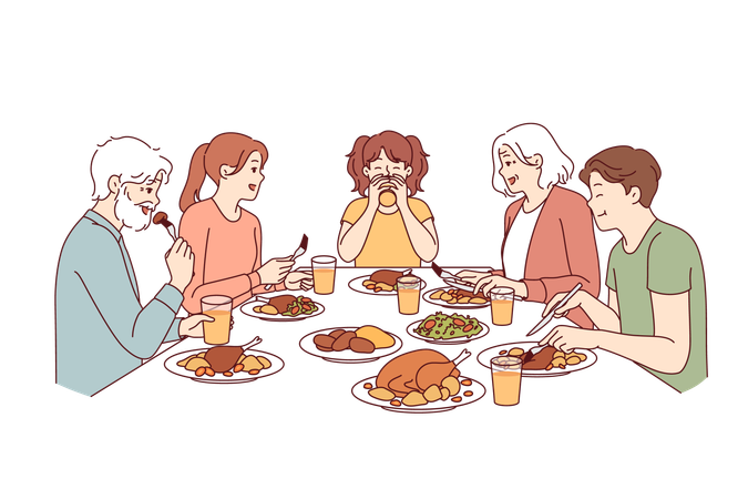 Large family has dinner together after completing religious fast sitting around table with food  イラスト