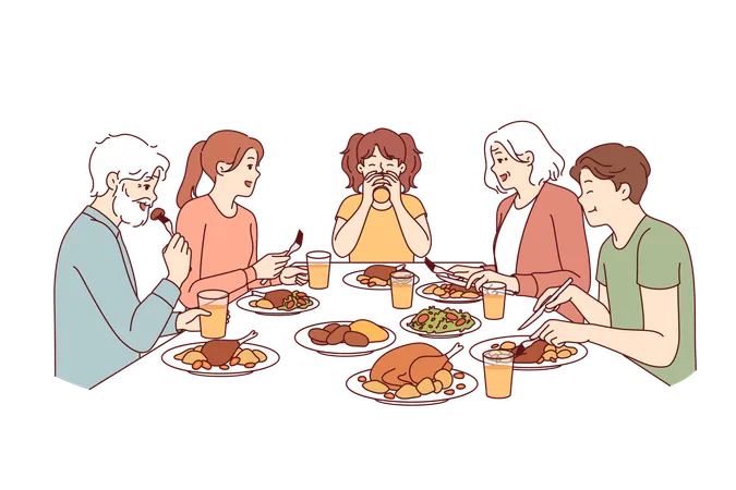 Large Family Has Dinner Together After Completing Religious Fast Sitting Around Table With Food Happy Seniors With Children And Granddaughter Having Thanksgiving Dinner Eating Turkey Meat Illustration