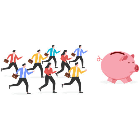 Large group of businessmen chasing gold coins  Illustration