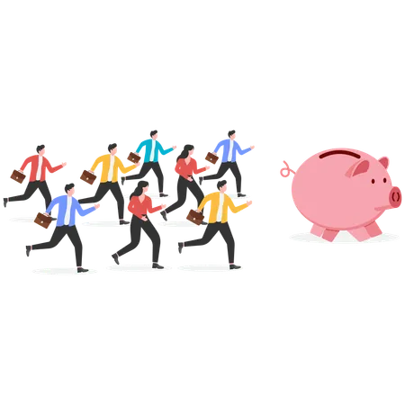 Large group of businessmen chasing gold coins  Illustration