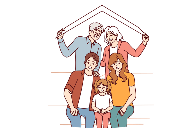 Large happy family of retired parents and millennial children with grandchildren under roof of house  Illustration