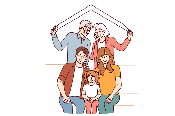 Large happy family of retired parents and millennial children with grandchildren under roof of house  Illustration