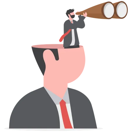 Business Leader Vision Looking For New Opportunities To Add Knowledge Or The Strategy Of A Business Or Organization Large Human Head And A Man With Binoculars Business Goal Search Illustration
