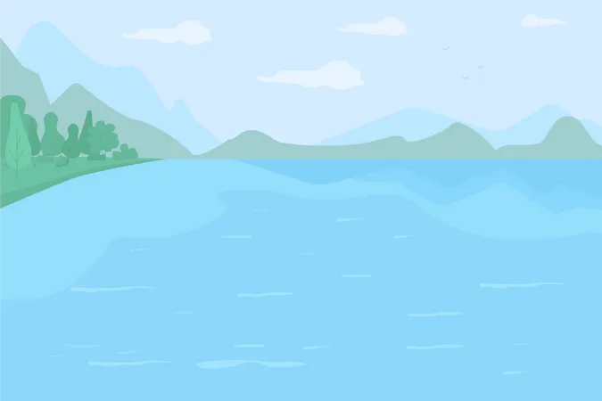 Large lake surrounded by hills  イラスト