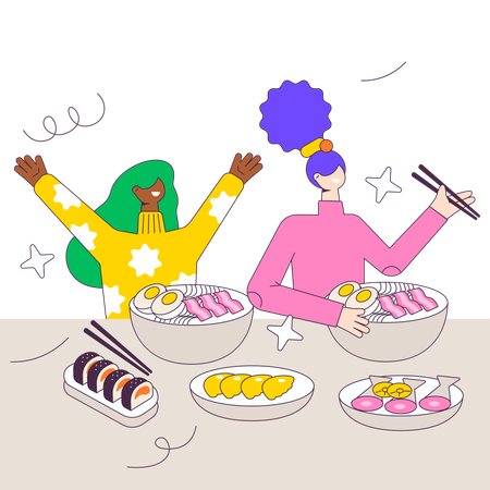 Las chicas comen comida callejera  Ilustración