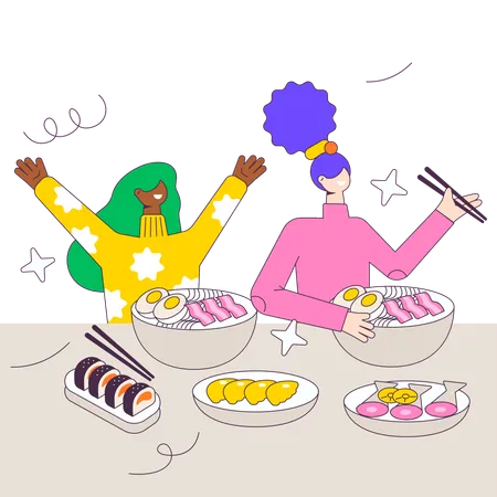 Las chicas comen comida callejera  Ilustración