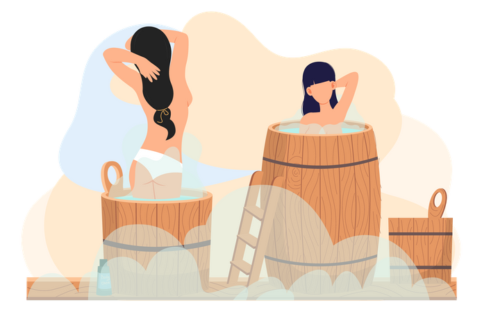 Chicas en barriles descansan en una sauna con vapor caliente  Ilustración