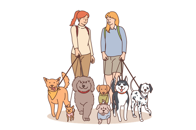 Las niñas hablan con sus perros durante el paseo.  Ilustración