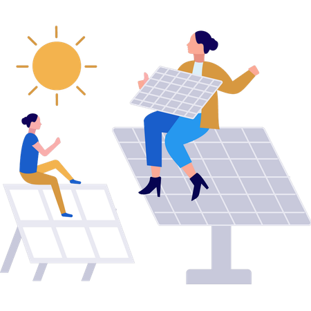 Las niñas hablan de ahorrar energía solar.  Ilustración