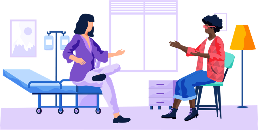 Las chicas se comunican en una habitación de hospital. Ilustración