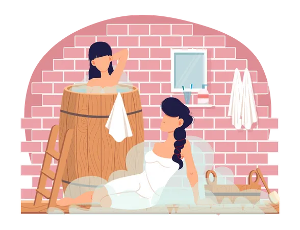 Las niñas se lavan el cuerpo y pasan tiempo juntas.  Ilustración