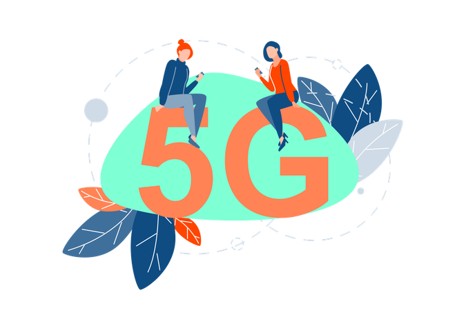 Las niñas utilizan la red 5g en el móvil  Ilustración